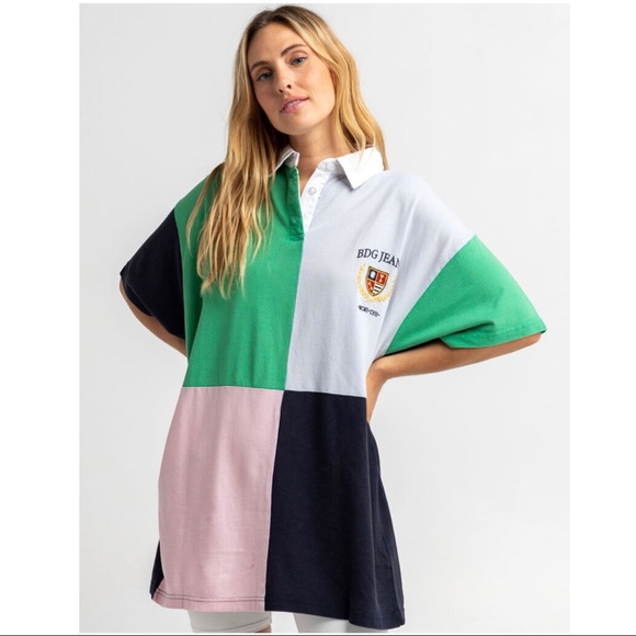 BDG Urban Outfitters Crest Spliced Oversize Polo Shirt Size Medium - Picture 1 of 9